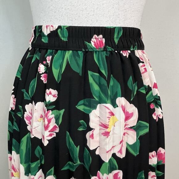On 34th Skirt size Small Black Pink Green Floral Tulips Pleated Mid Tropical - Picture 3 of 9